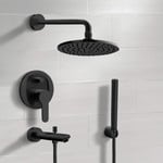 Remer TSH49 Matte Black Tub and Shower Faucet With 8 Inch Rain Shower Head and Hand Shower